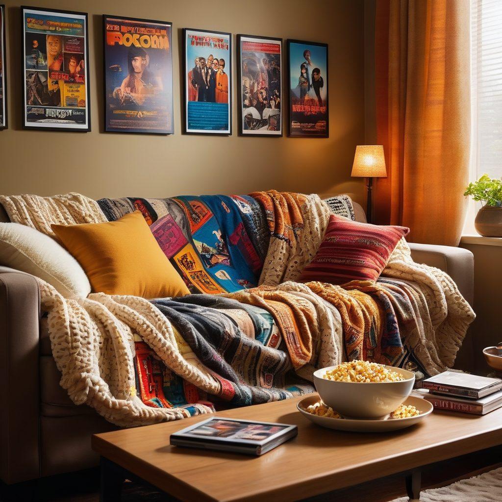 A cozy living room scene featuring a stylish couch, popcorn bowl, and a large screen displaying vibrant movie scenes. Incorporate warm lighting to evoke a comfortable binge-watching atmosphere. Include details such as a stack of DVDs, a cozy blanket, and a streaming device controller nearby. The walls should be adorned with movie posters to enhance the theme. super-realistic. vibrant colors. cozy interior.
