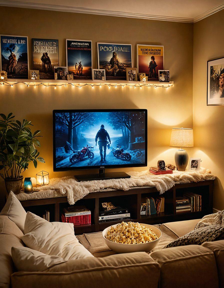 A cozy living room scene bathed in warm light, showcasing a large screen displaying various streaming platforms. A popcorn bowl and soft blankets are laid out invitingly on a plush couch, with a subtle glow from fairy lights overhead. A remote control rests on the armrest, symbolizing effortless access to entertainment. Include elements like movie posters on the walls and a laptop open with suggestions for movie nights. super-realistic. vibrant colors. cozy atmosphere.